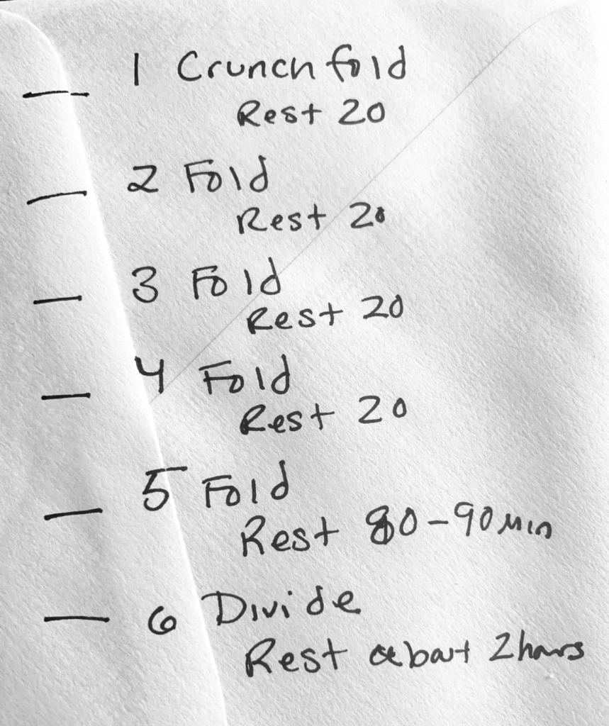 - 1 Crunchfold Rest 20
-2 fold Rest 20
-3 fold Rest 20
-4 fold Rest 20
-5 Fold Rest 80-90 min
-6 Divide Rest about 2 hours