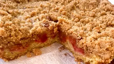 Rhubarb Coffee Cake with slice missing